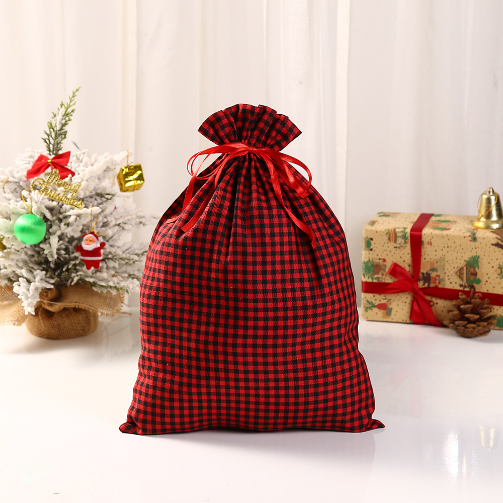 Christmas Red Black Plaid Drawstring Bag Polyester Cotton Sack Candy Biscuit Buggy Bag Drawstring Gift Bag Gift Bag