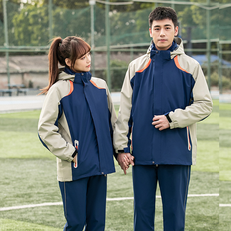 中学生校服冲锋衣加绒加厚冬装三件套高中班服反光条小学冬季裤子