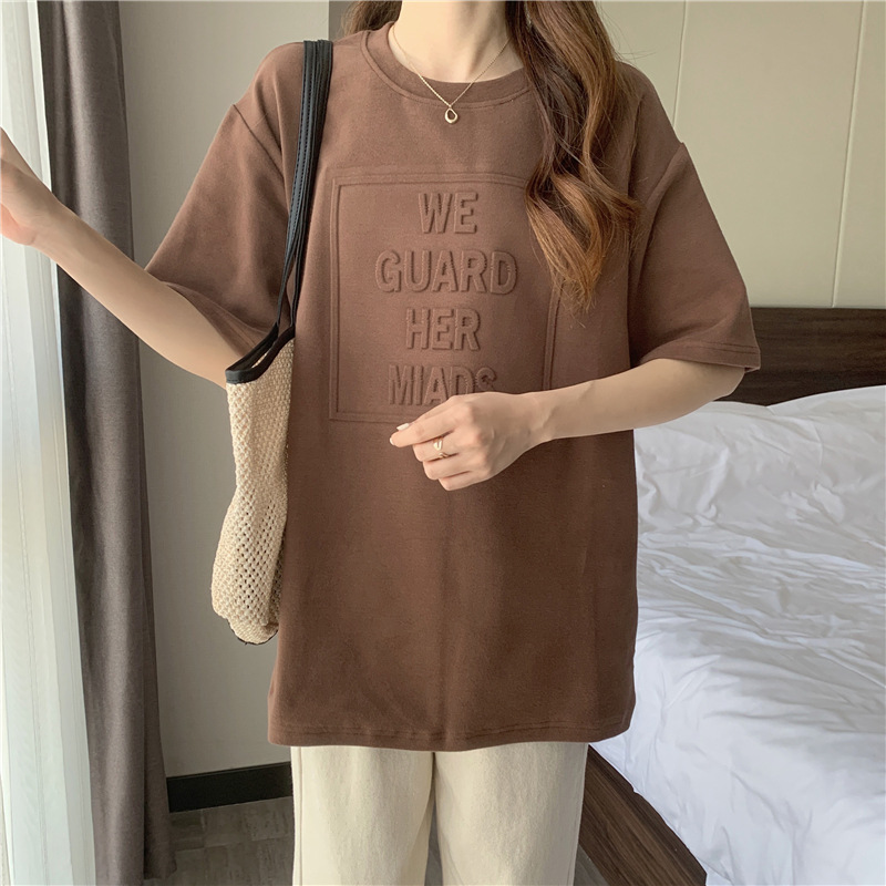 BF Style Mid-Length Short-Sleeved T-shirt for Women 2022 Spring and Summer New Loose Slimming Concave-Convex Letter Underwear Blouse Top Fashion