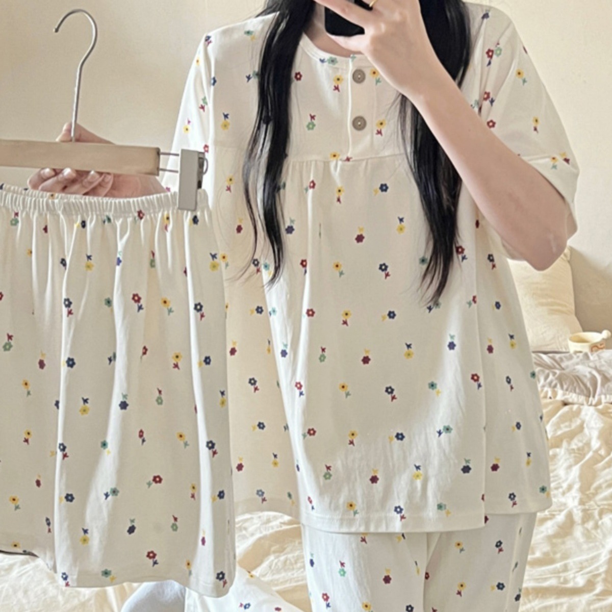 棉绸睡衣女春夏季纯棉短袖长裤甜美可爱可外穿全棉家居服三件套装