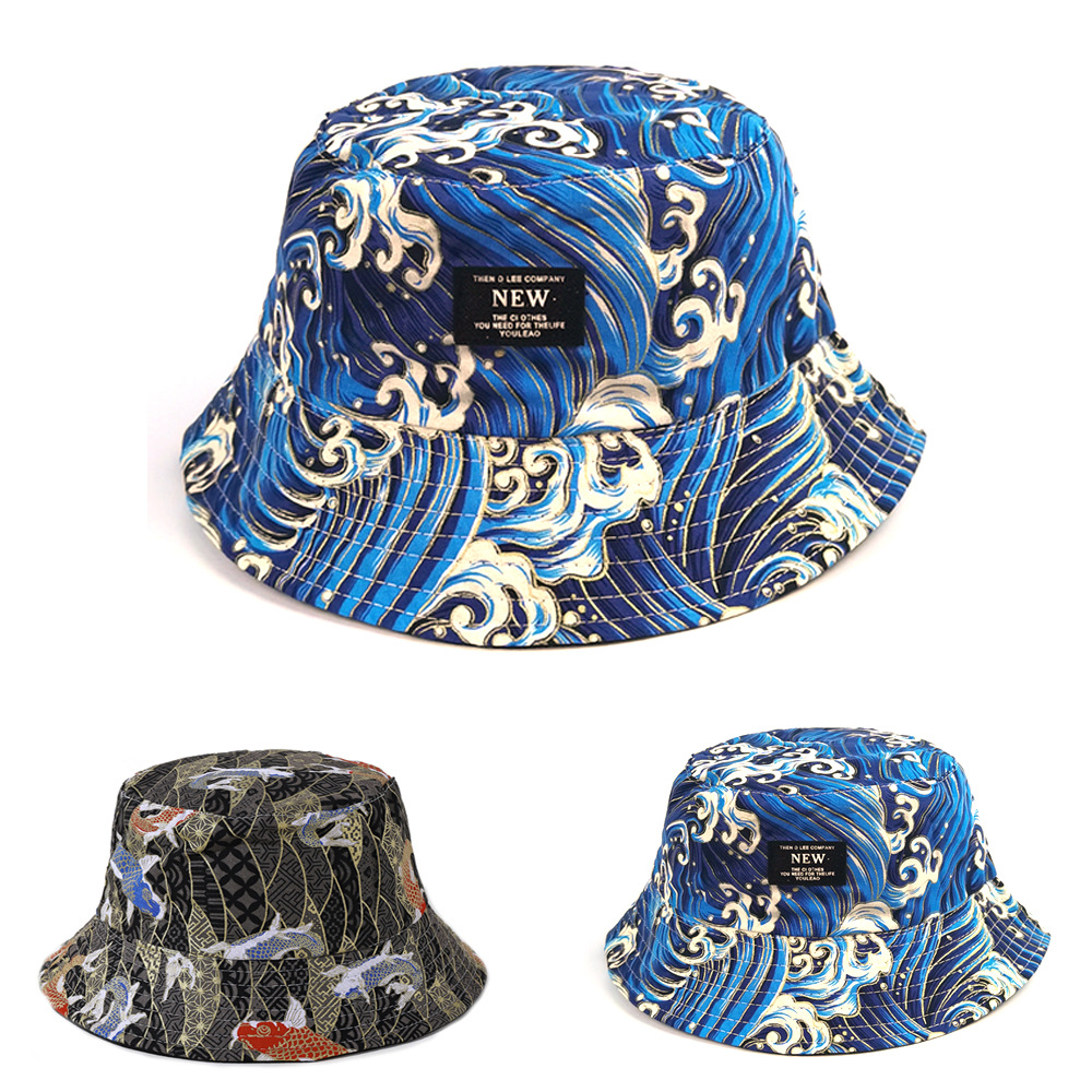 浪花图案渔夫帽子双面戴绣字锦鲤中国风新款跨境欧美外贸盆帽