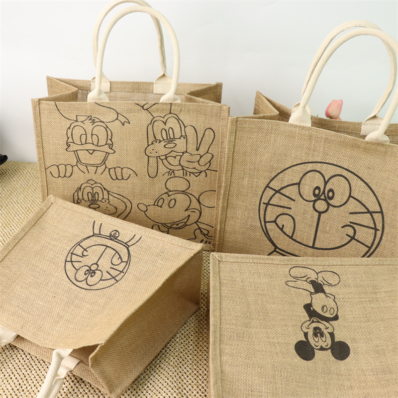 批发印花托特包亚麻手绘图案麻布袋子大容量旅行单肩包防水可爱棉