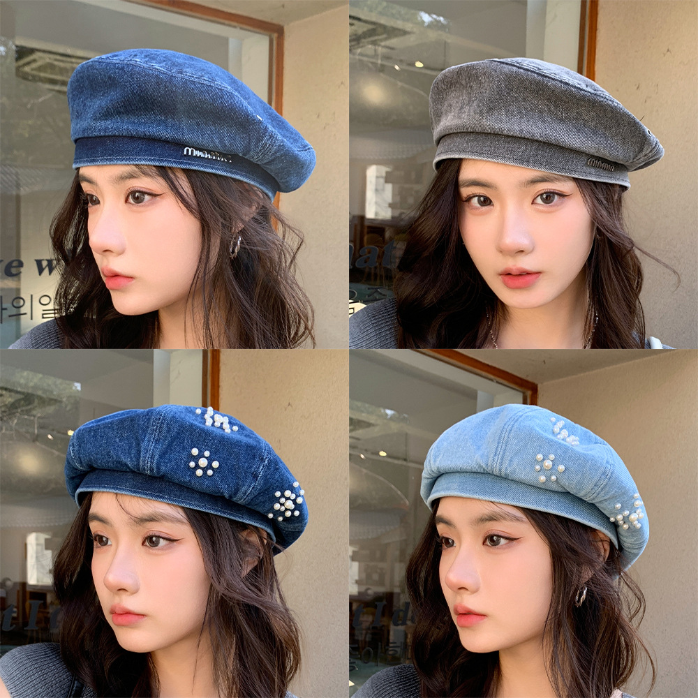 复古牛仔贝雷帽女2024新款时尚字母显脸小蓓蕾帽子女士洋气画家帽