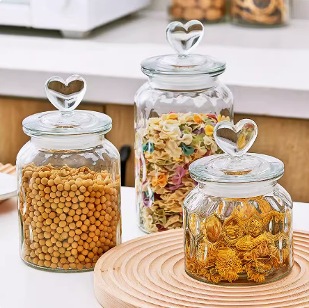 Glass Sealed Can Heart Water Drops Storage Jar Household Glass Jar Pickles Earthen Jar Transparent round Large Storage Box