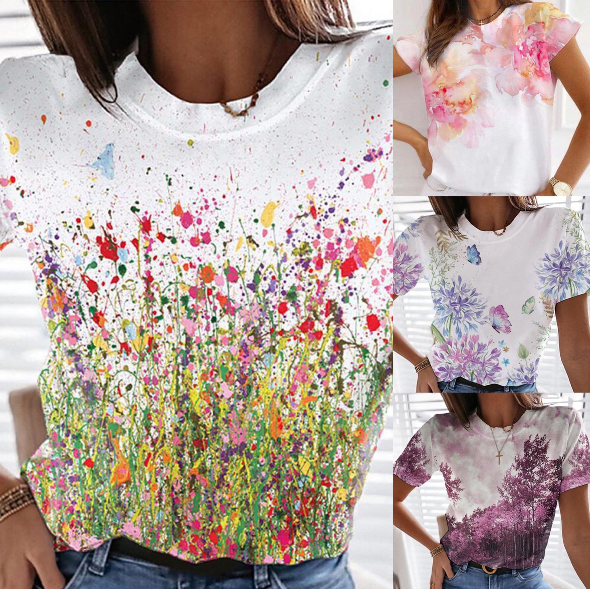 短袖花朵t恤衫
