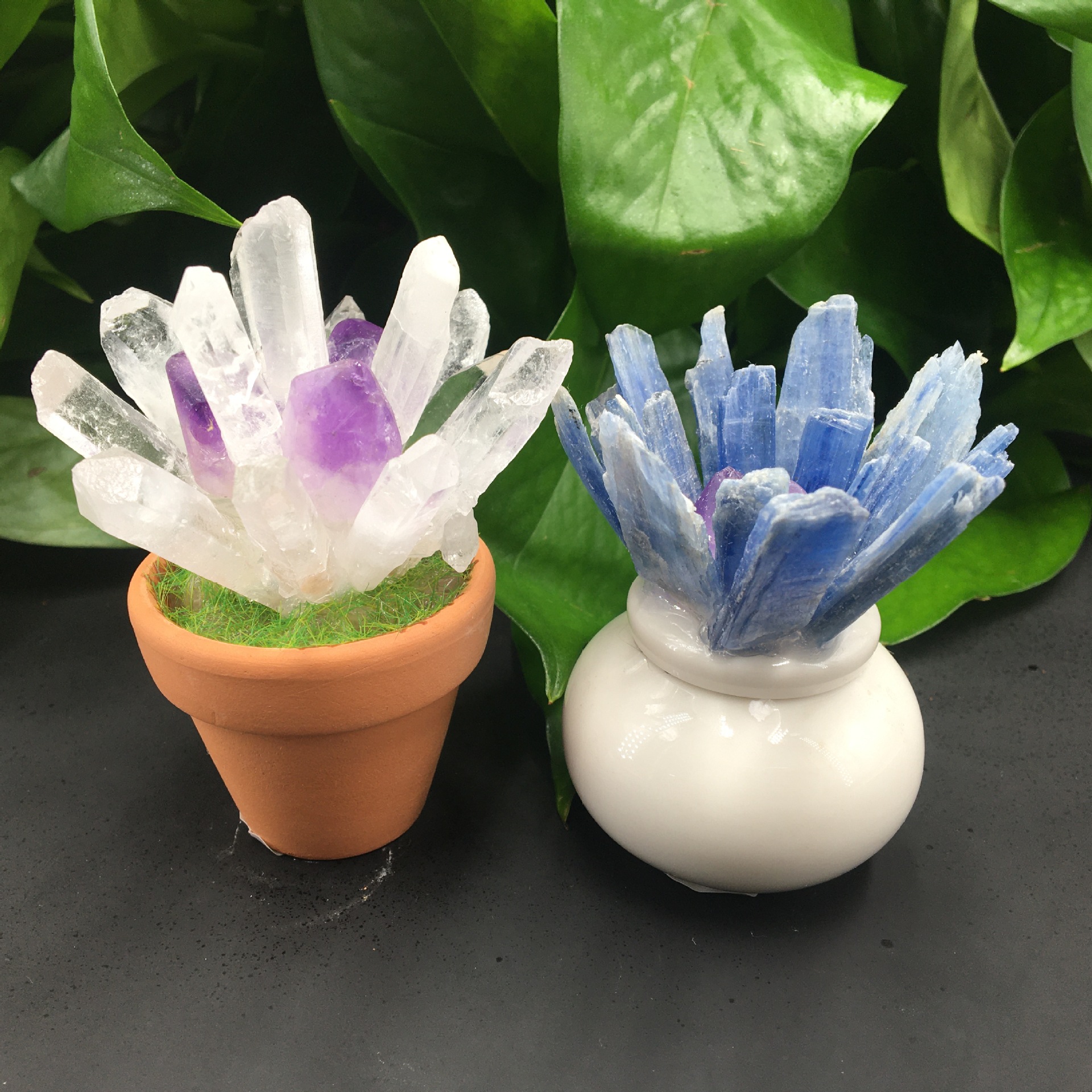 跨境热销天然水晶晶簇盆景雕刻蓝晶石晶簇盆景居家办公摆饰天然晶