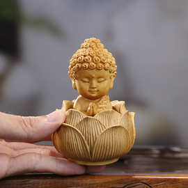 黄杨木雕中式莲花底座释迦牟尼手把件q版宝宝佛神像摆件家居饰品