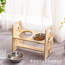 跨境宠物喂食器狗粮碗饮水两用双碗护颈木质猫碗架猫粮架