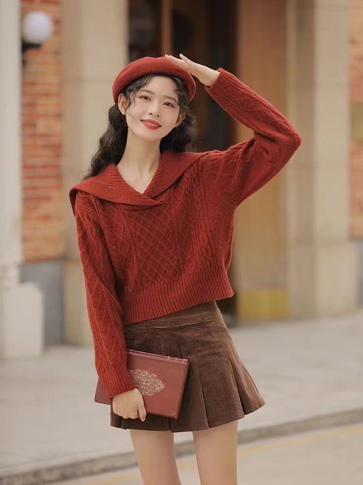 韩系大翻领复古毛衫高腰短款毛衣女秋冬软糯套头长袖套头针织上衣-阿