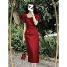 法式赫本风红色连衣裙女夏季2023新款感气质修身显瘦礼服长裙批发