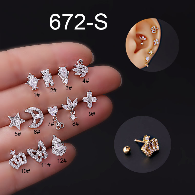 20G Titanium Steel Thin Rod Zircon Ear Bone Stud Butterfly Crown Star Moon Screw Stud Earrings Fashion Earrings Single
