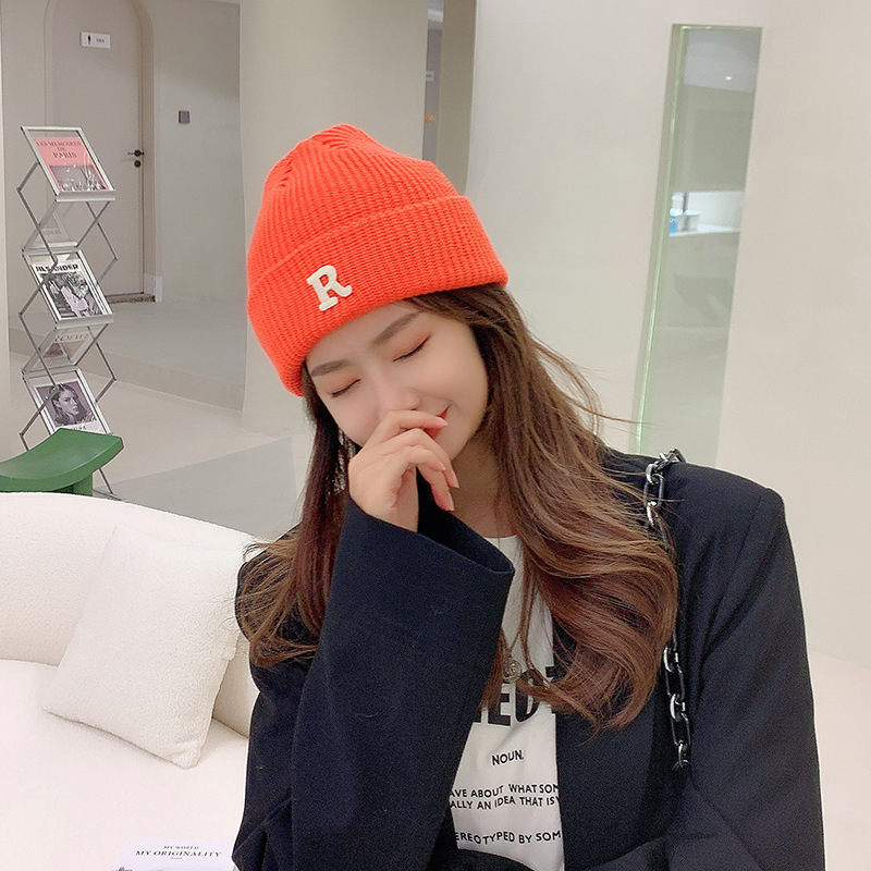 Hat Female Autumn and Winter Ins Warm Knitted Hat Korean Style Fashion Brand R Letter Woolen Cap Shopping Couple Sleeve Cap Male