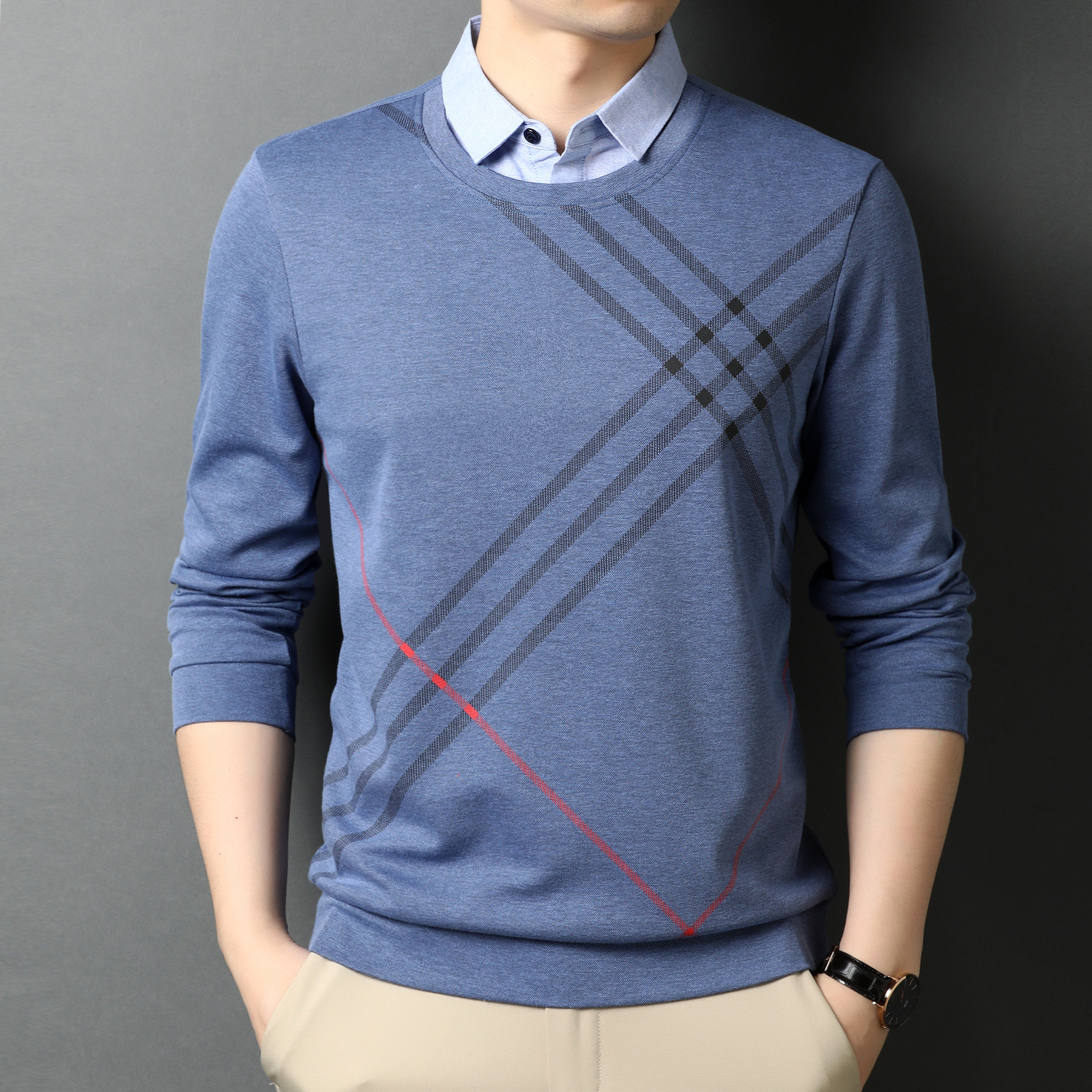 假两件t恤男长袖衬衫领男士秋衣上衣中青年时尚休闲春秋打底衫男