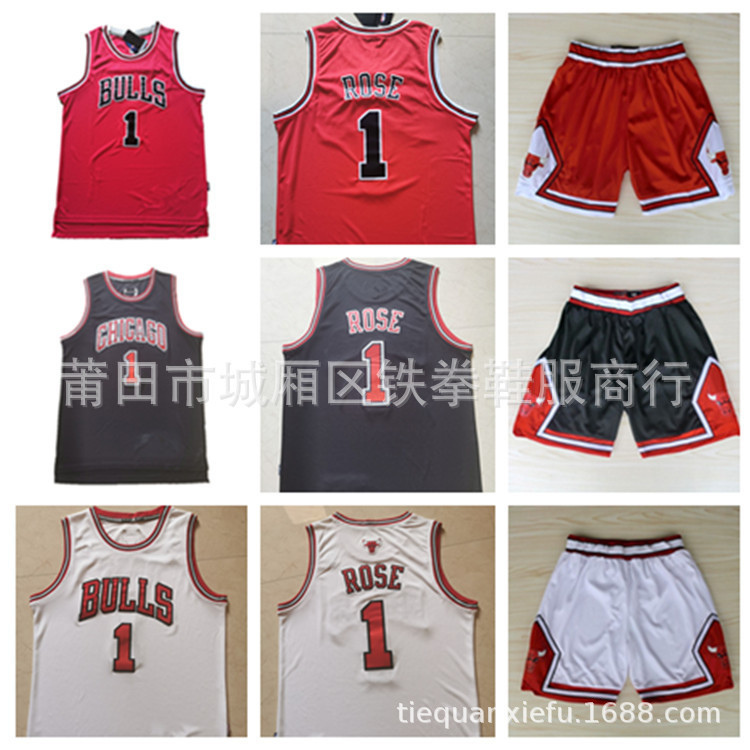 公牛队1号罗斯白红黑色nba刺绣球迷篮球衣球裤一件代发