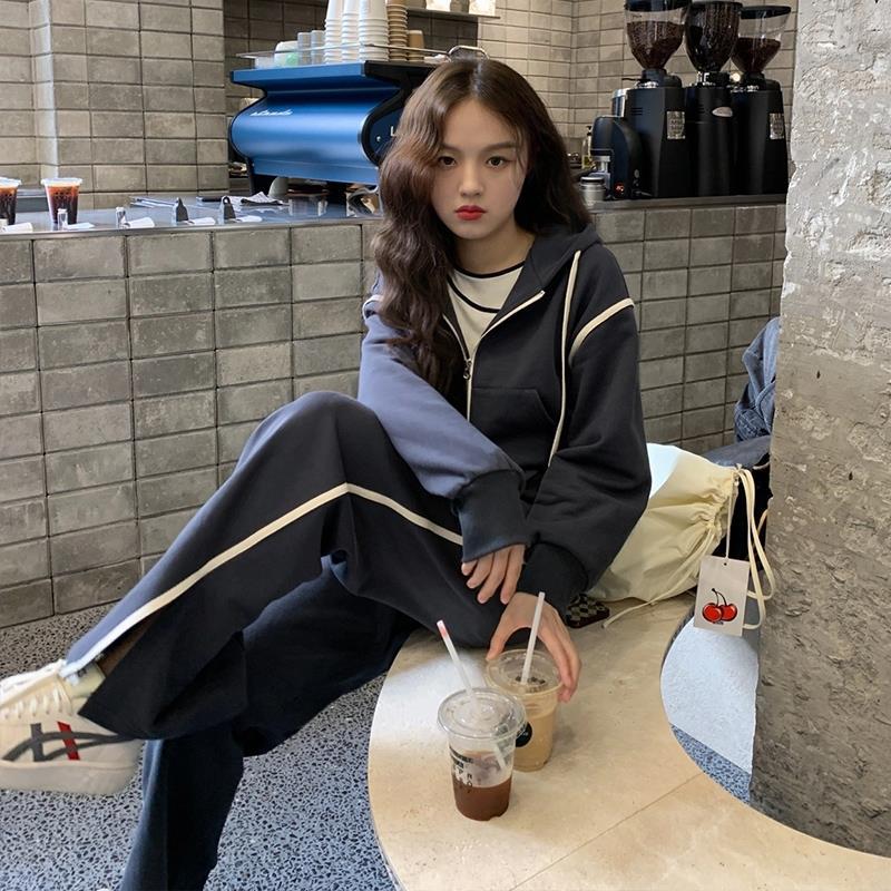 2023 Spring and Autumn Korean Sports Suit Women's Fashion Hong Kong Style Hoodie Coat Wide-Leg Pants Two-Piece Suit