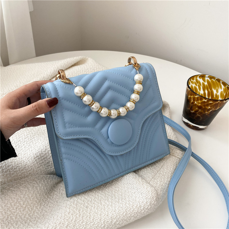 Blue Cool Popular Embossed Embroidery Thread Women's Bag 2021 New Fashion Pearl Tote Crossbody Shoulder Small Square Bag Fashion