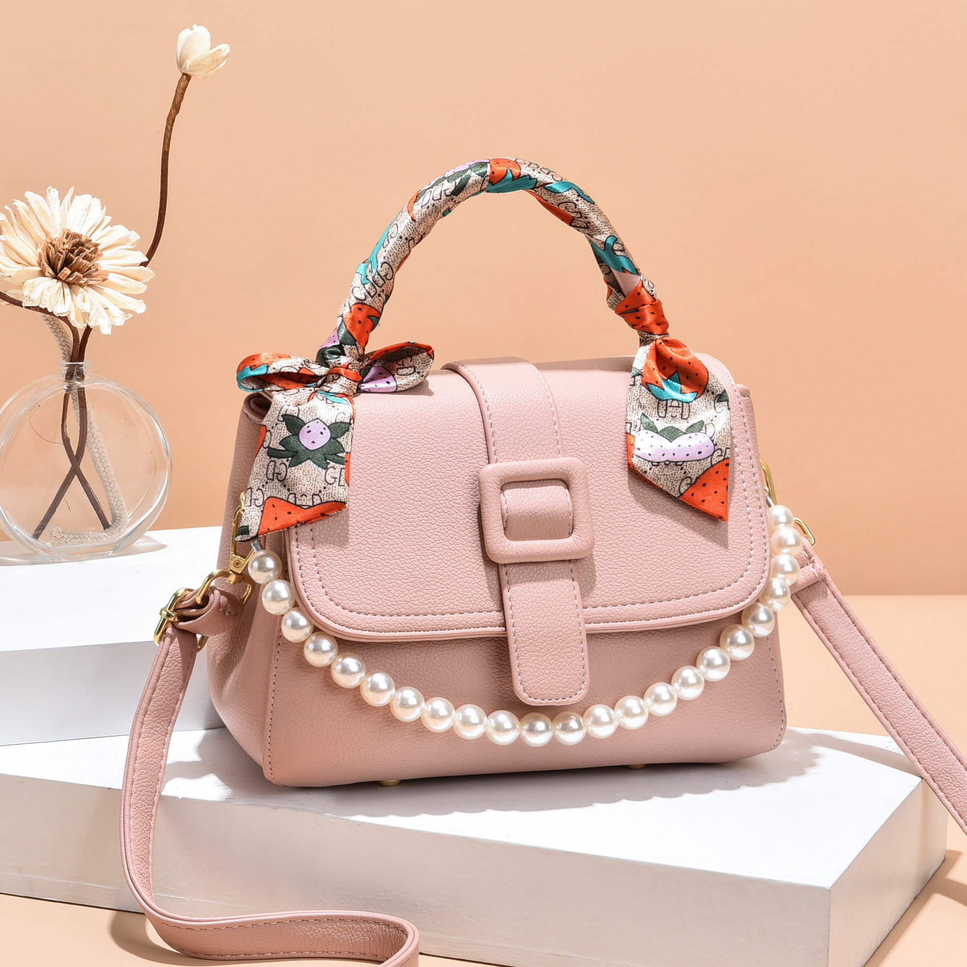 包包2021新款时尚韩版潮单肩斜挎丝带包简约大气珍珠手提女士包