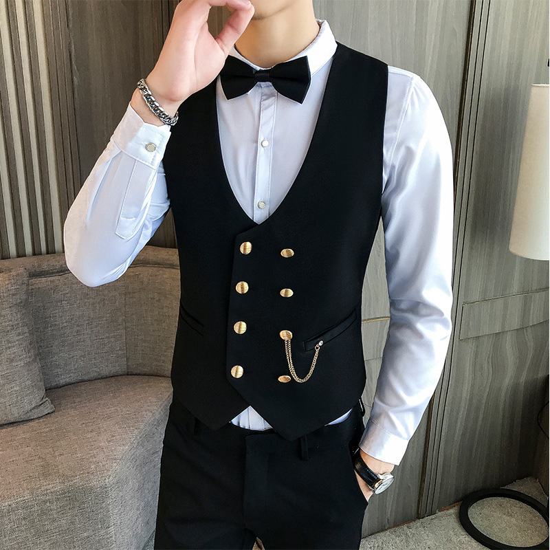 英伦风男式西装马甲 金属双排扣v领短款马甲外套男 ktv夜店工作服