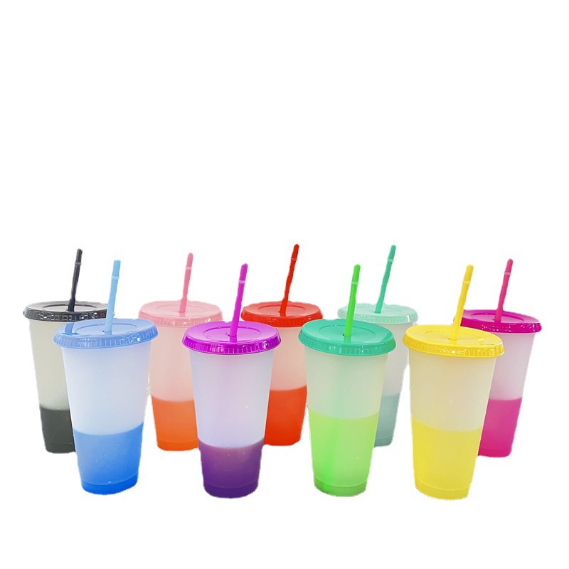 Factory Direct Temperature Sensing Discoloration Cup Cold Color Changing Large Capacity Cup with Straw Pp Plastic Cup Wholesale Logo