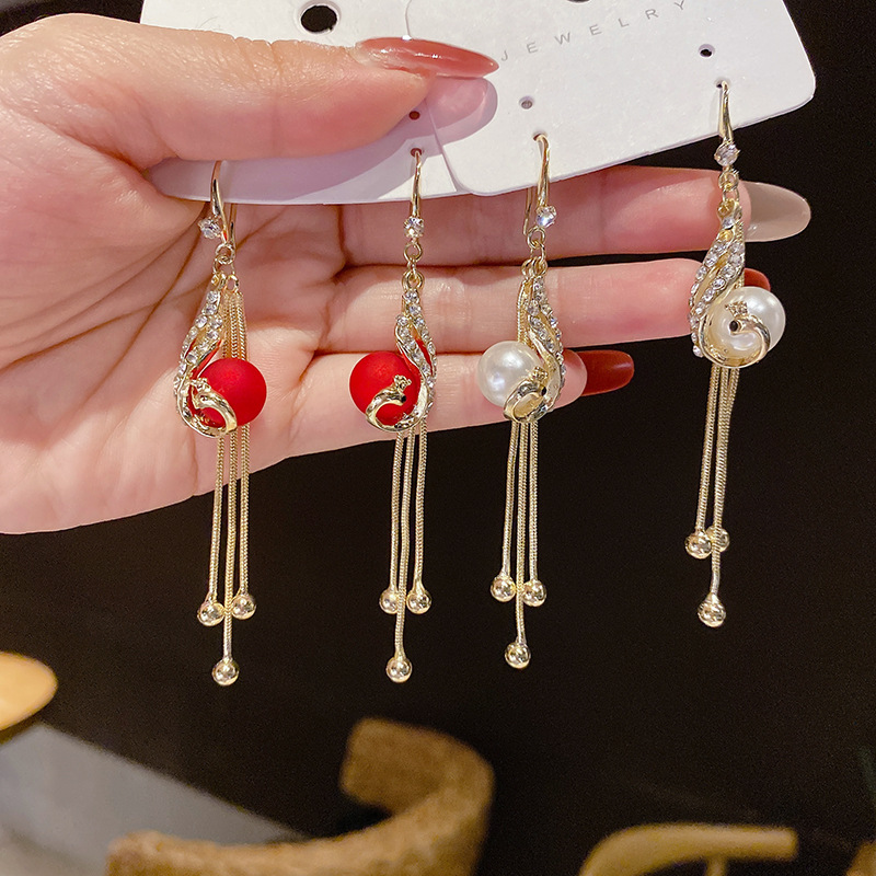 New Trendy Red Peacock Tassel Earrings Earrings Internet Influencer Long Temperament Personalied Eardrops Women