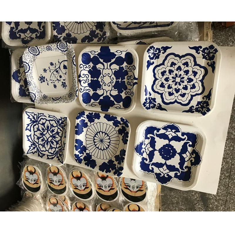 幼儿园 室内装饰 diy青花瓷方形纸盘挂件纸片 中国风装饰品12个装