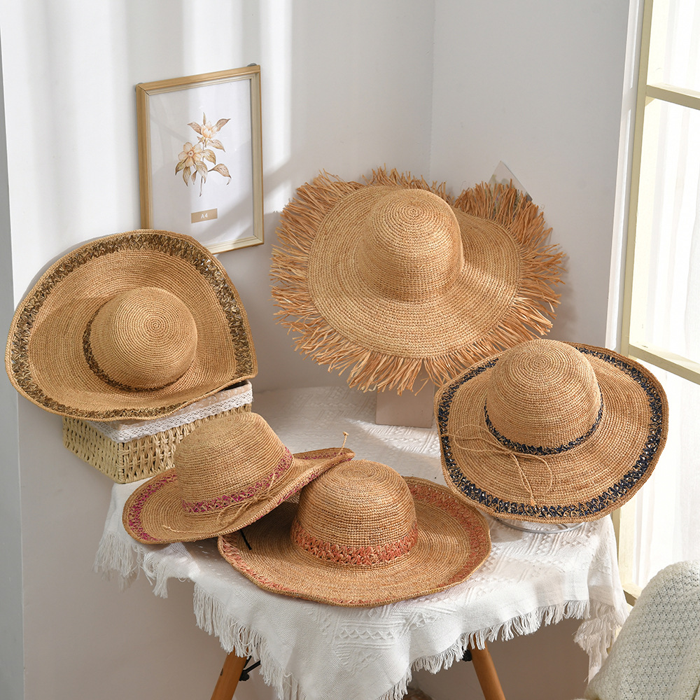 Spring and Summer New Hand-Knitted Double-Layer Brushed Edge Raffia Fedora Hat Outdoor Sun Protection Sunshade Beach Lafite Straw Hat