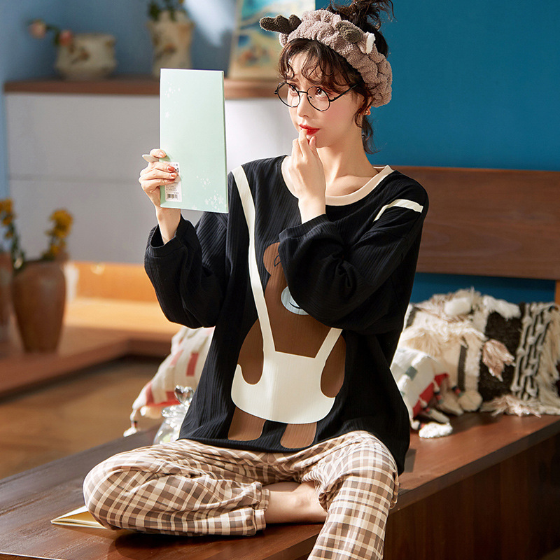 长袖长裤女生套头睡衣秋季新款抽条棉质休闲简约家居服松紧袖口女新款