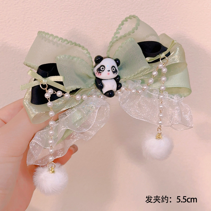 国潮熊猫布艺立体蝴蝶结发夹可爱公主宝宝头发饰女孩顶夹儿童发卡