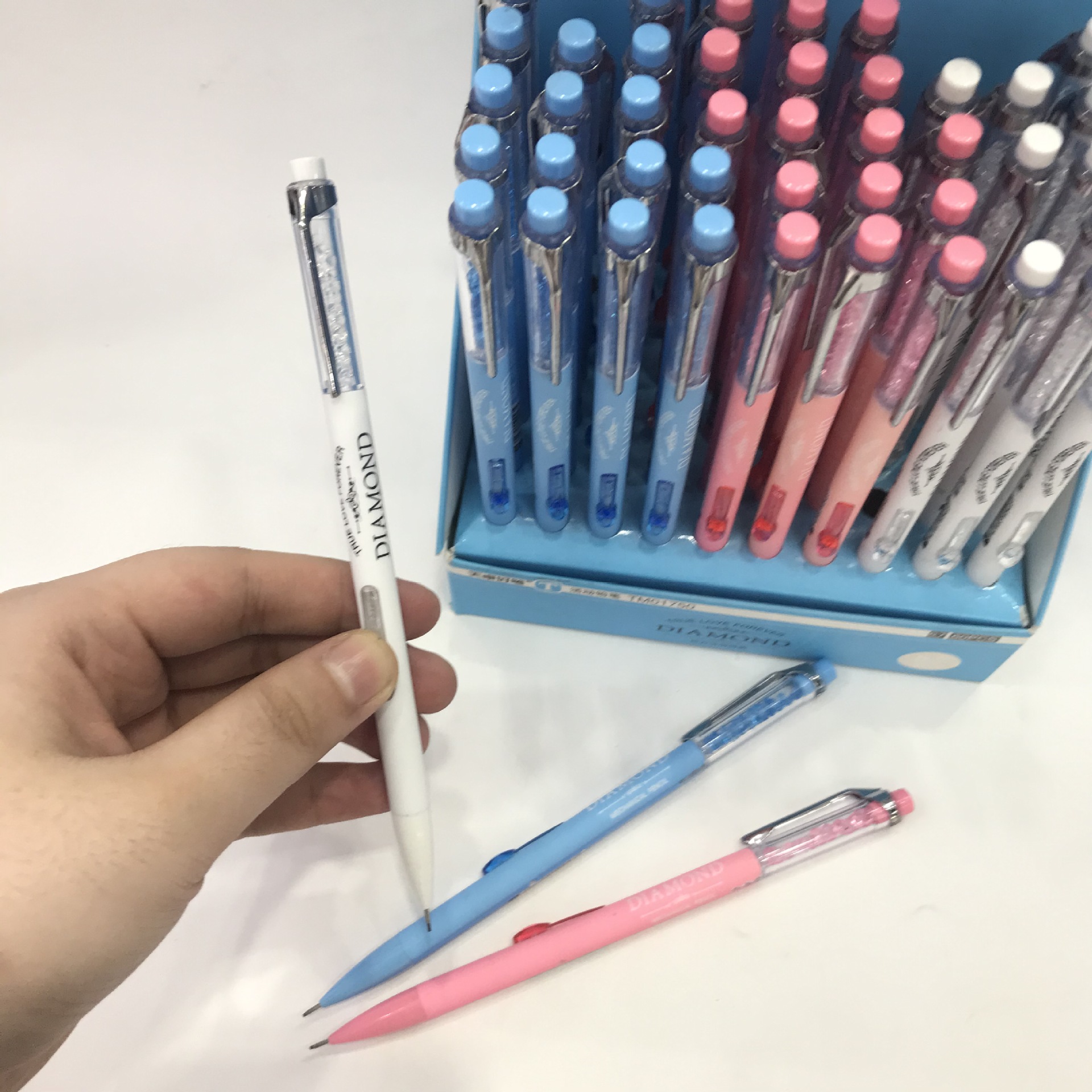 小学生学习文具礼品彩色小钻石装饰件活动铅笔冰碎大理纹按动铅笔