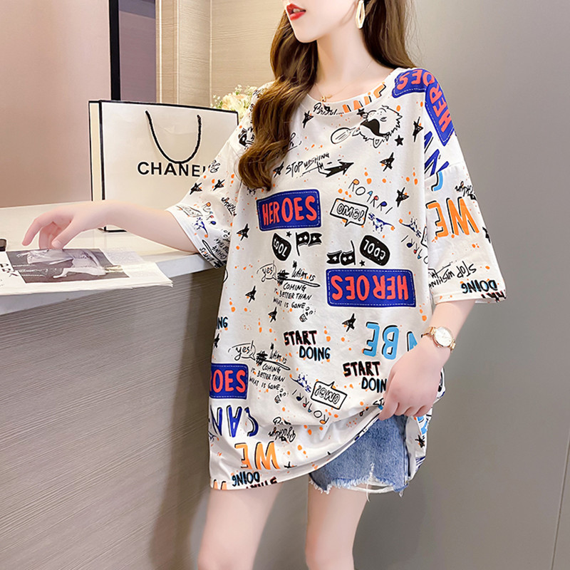 2023 New Style Loose plus Size Women's Clothing Large Size T-shirt Women's Short Sleeve Slimming Mid-Length Summer Korean Style Printed Top