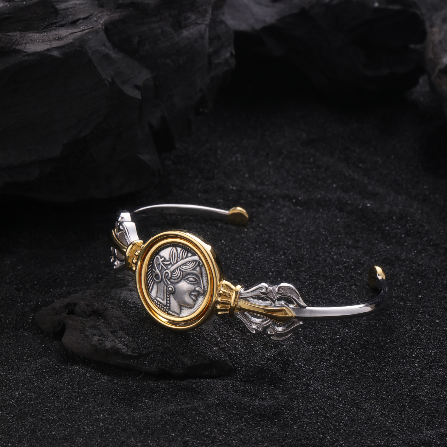 s925银电镀24k金雅典娜古币颗转动开口手镯-阿里巴巴