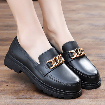 黑色英伦风休闲鞋女士四季单鞋粗跟防滑外穿厚底舒适松糕底乐福鞋
