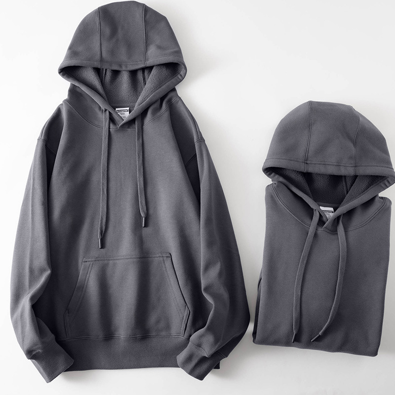 400g重磅深灰色冬季加绒连帽卫衣简约纯色休闲运动帽衫男女款外套