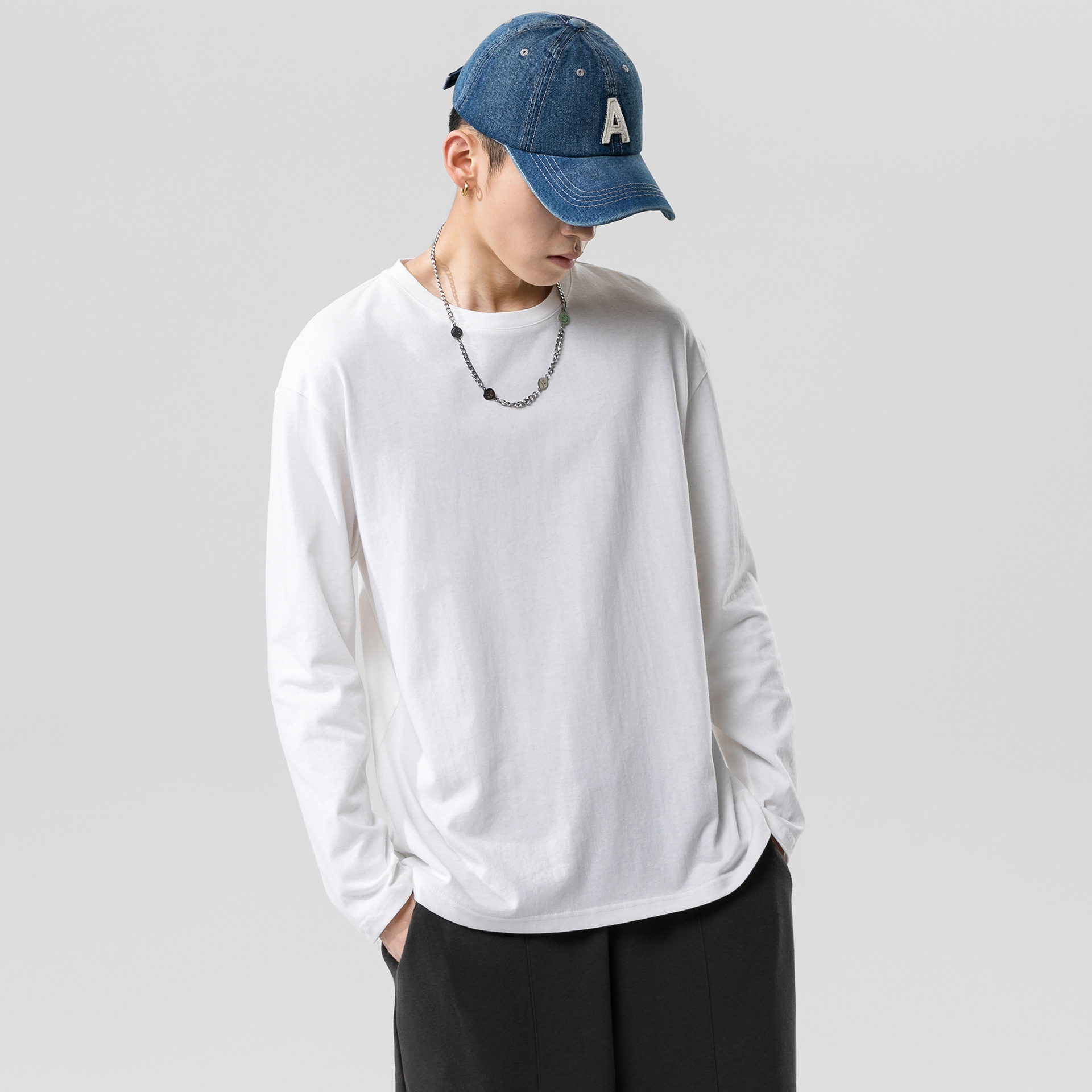 包邮白色长袖t恤男宽松纯色春秋卫衣打底衫日系圆领打底衫潮