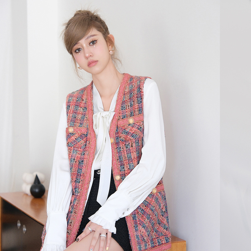 「安斐欧娜」暮色之城小香马甲小众粗花呢格子无袖外套女装上衣