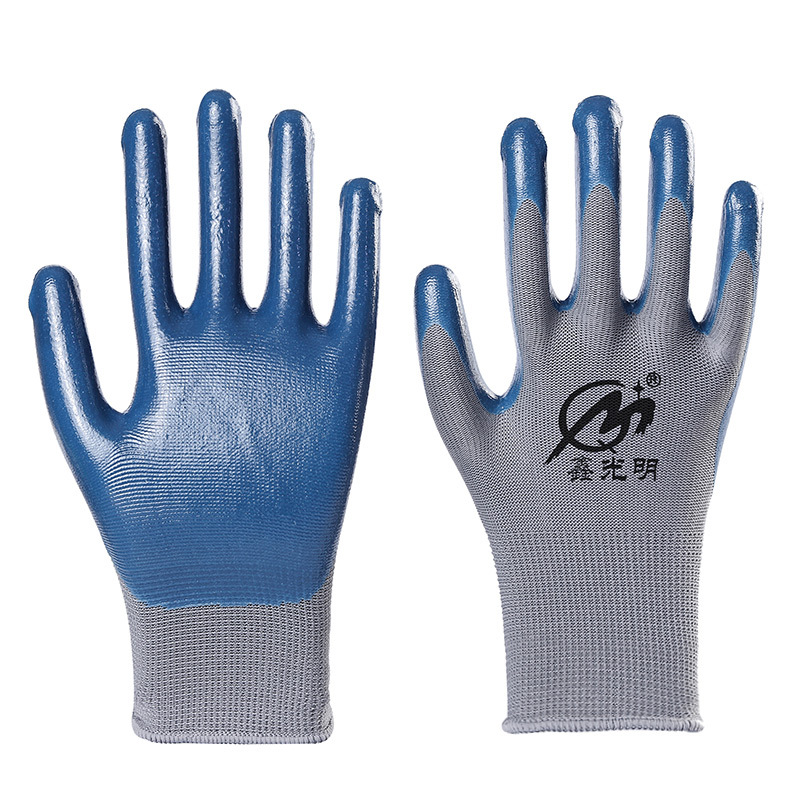 Wear-Resistant Labor Gloves Classic Blue Nitrile Glue Gloves Thirteen-Pin Nylon Labor Protection Gluing Gloves