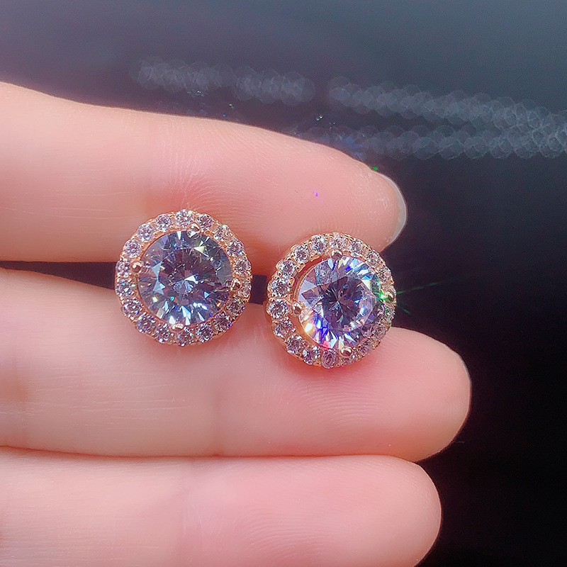 112正品耳钉莫桑石围钻耳骨钉女圆包蛋糕仿真钻石铂金耳饰耳环