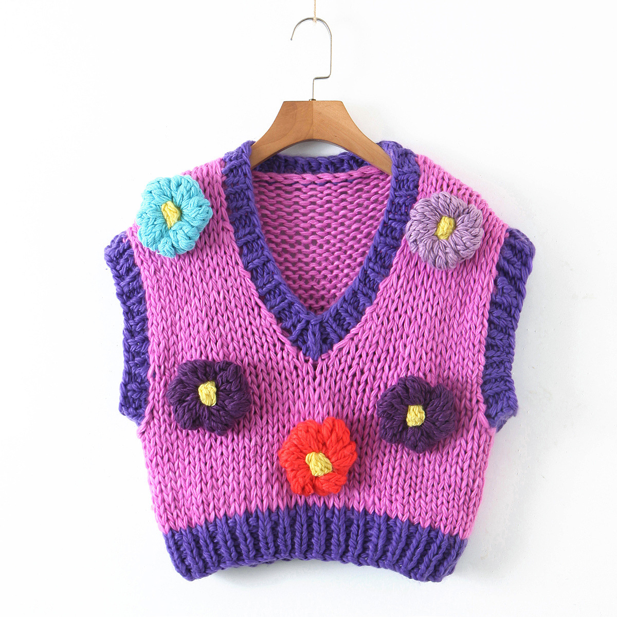 2021秋冬新款ins欧美宽松v领无袖套头上衣手工钩织花朵毛衣背心女