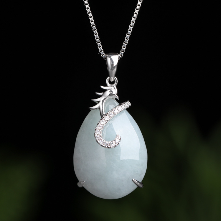 天然缅甸翡翠水滴吊坠女 s925纯银镶嵌凤凰玉石项链锁骨链 送妈妈