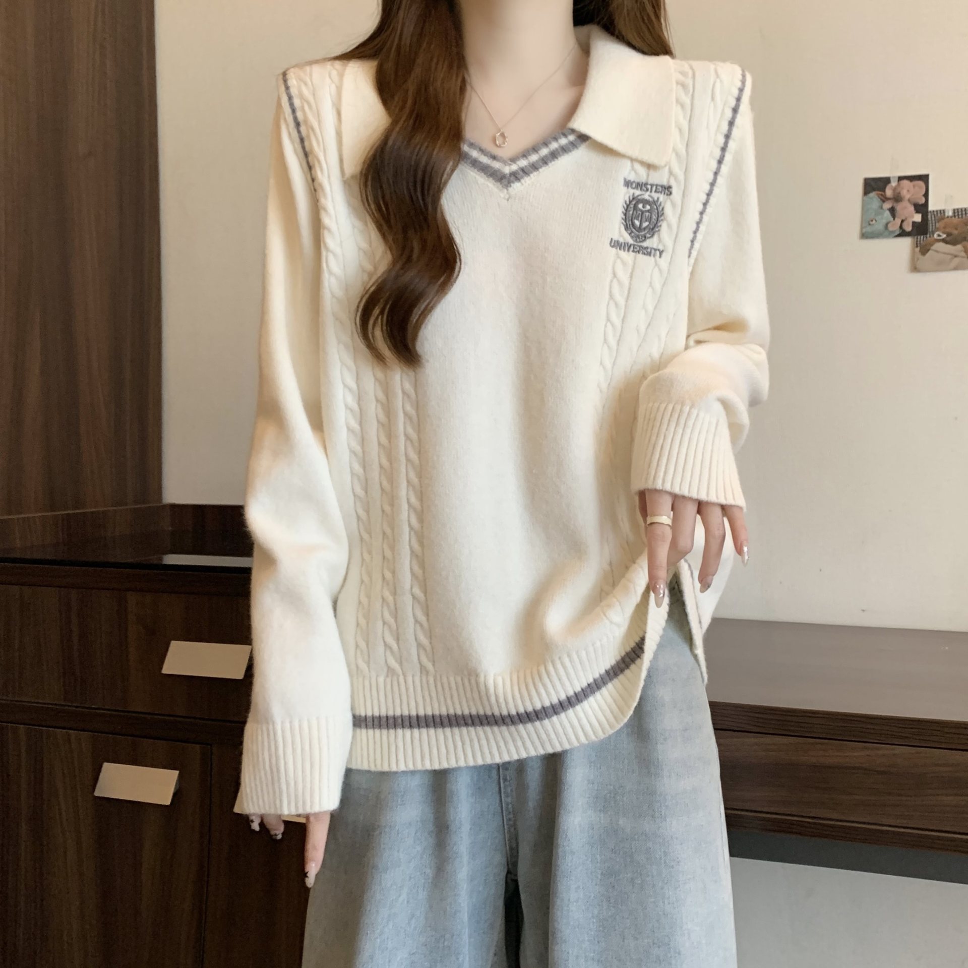 今年流行漂亮毛衣女春秋大码胖mm显瘦学院风polo领打底针织衫上衣