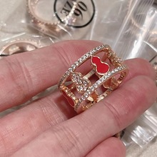 国潮春夏新品红玛瑙葫芦戒指V金镀18K金高品质镂空八葫芦女士指环