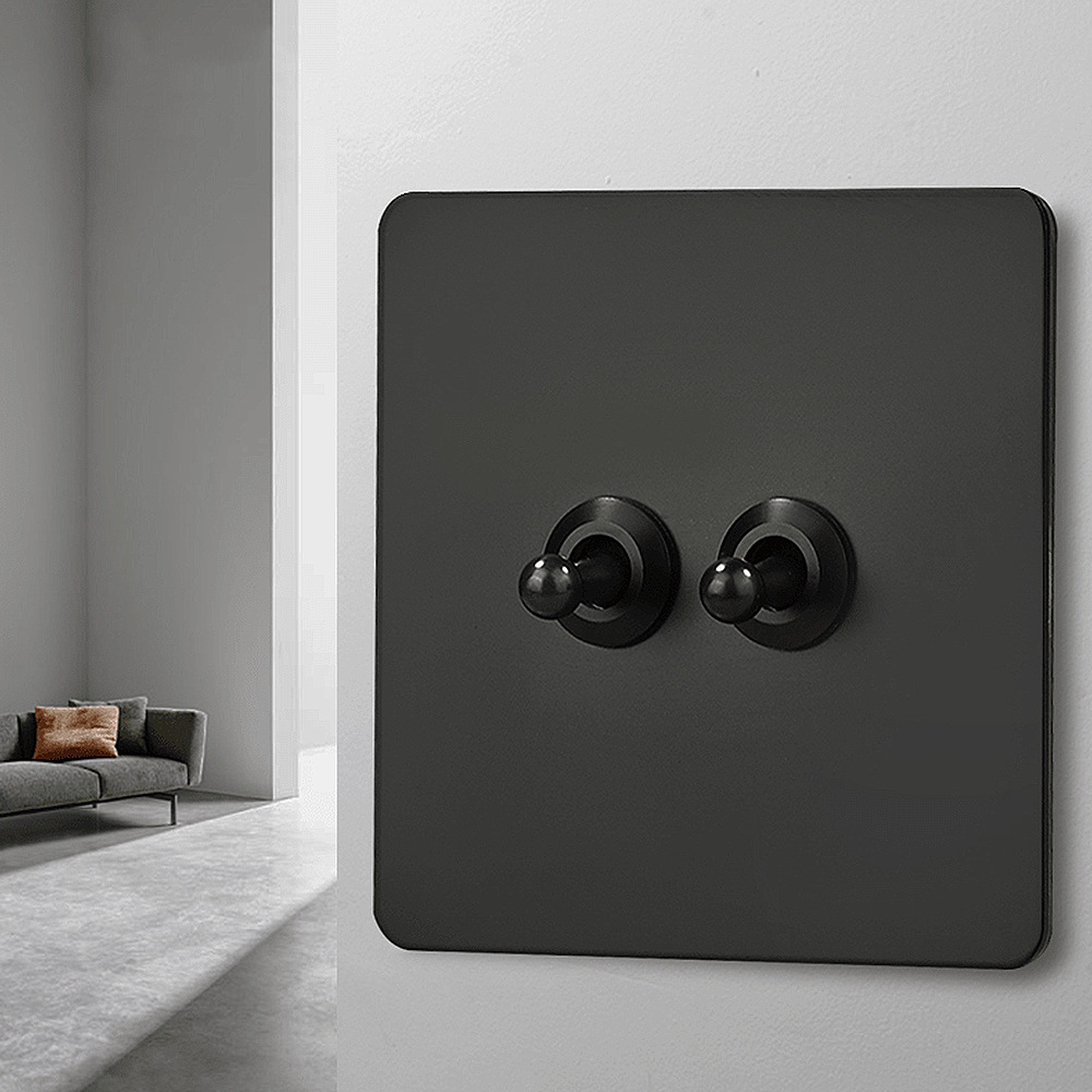 黑色复古黄铜拨杆开关工风格轻奢极简墙壁开关插座家用金属面板