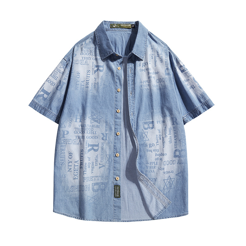 牛仔衬衫美式复古潮流青年男装工装衬衣夏季宽松港风休闲外套男