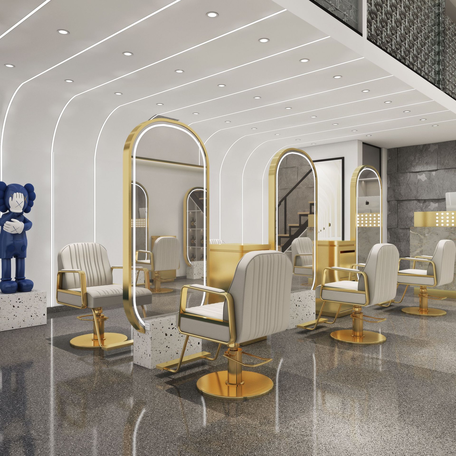 潮款理发店镜子双面网红美发镜台落地大理石剪发镜子带灯发廊专用