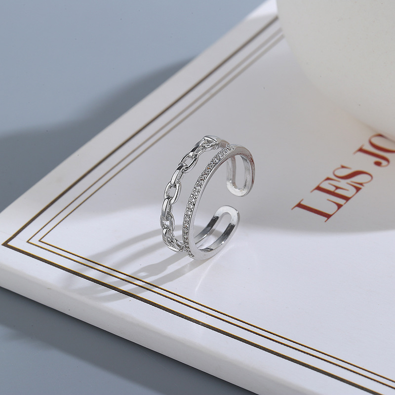 新款叠戴锆石双圈戒指女小众设计感冷淡风交叉锁链绳结缠绕食指戒