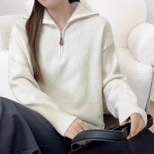 韩系秋冬季新款小马刺绣半拉链翻领套头毛衣宽松百搭针织衫上衣女