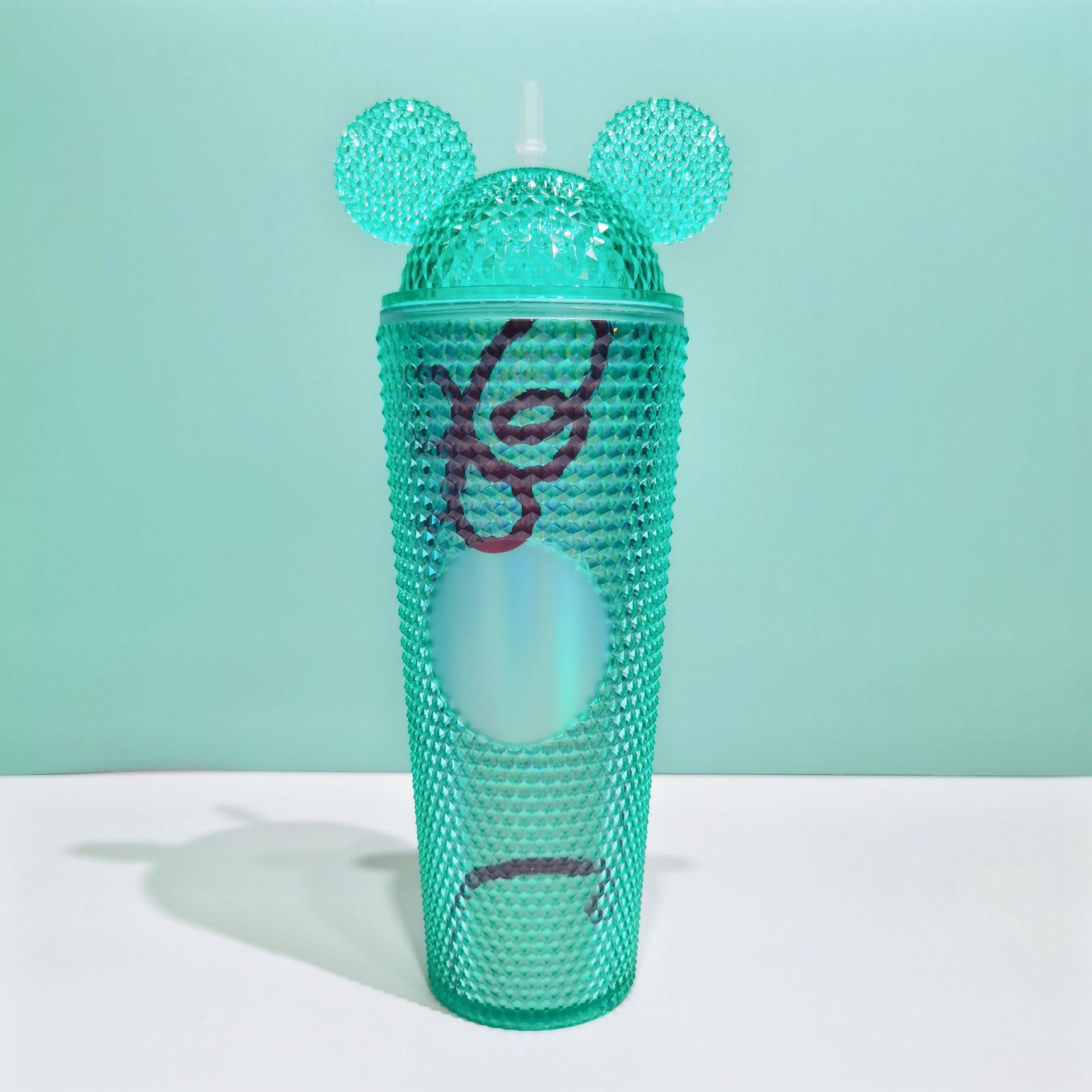 Cross-Border Amazon Double Plastic Straw Cup New Mickey Ears Durian Cup Butterfly Pattern Portable Diamond Cup