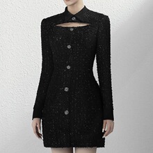 越南小众设计师品牌春季新款长袖挖胸设计毛呢连衣裙黑色气质A090