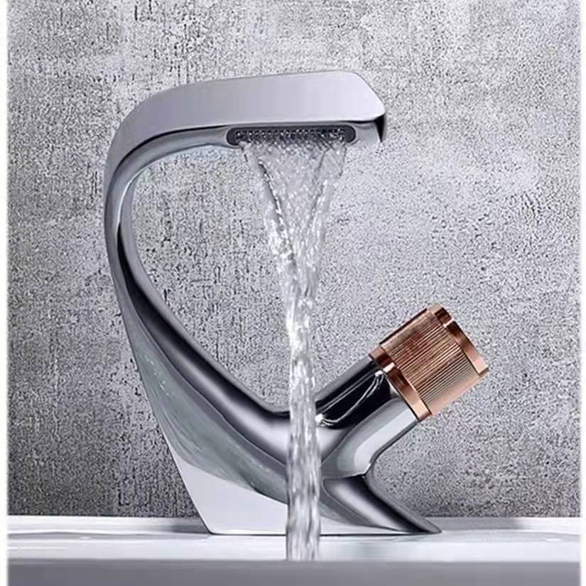 Copper Black Washbasin Waterfall Faucet Hot and Cold Bathroom Light Luxury Basin Drop-in Sink Single Hole Basin Faucet