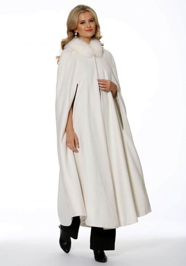 2021欧美乳白色女士毛领披风插手斗篷中厚中长款连帽保暖冬季新款